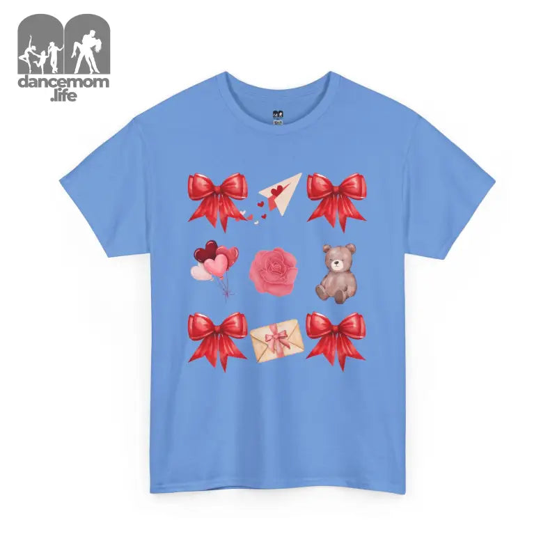 Light blue t-shirt featuring red bows, hearts, roses, and teddy bear graphics.