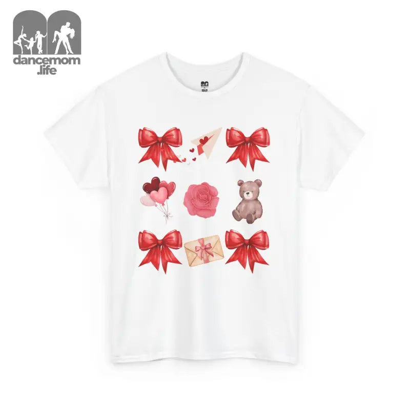 White t-shirt featuring a grid of Valentine’s Day themed illustrations including red bows, hearts, roses, and a teddy bear.