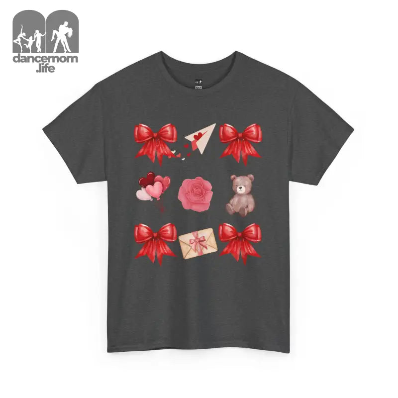 Dark gray t-shirt featuring Valentine’s Day themed graphics with red bows, hearts, roses, teddy bear, and love letter.