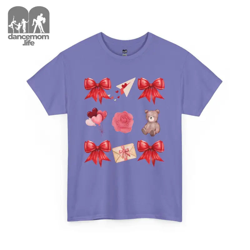 Purple t-shirt featuring red bows, hearts, roses, a teddy bear, and gift designs.