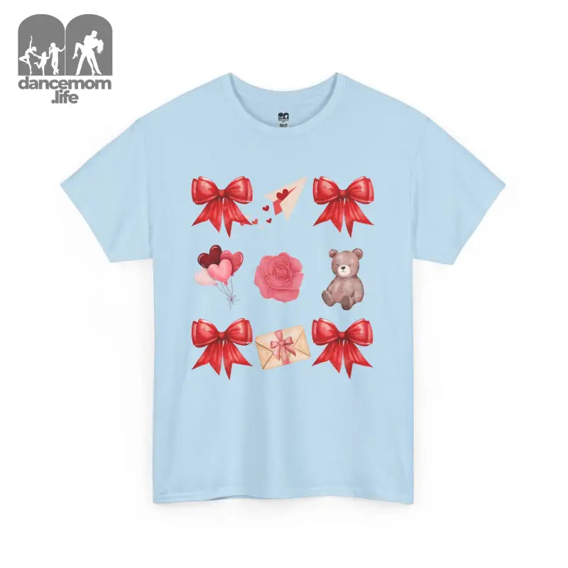 Light blue t-shirt featuring red bows, hearts, roses, and a teddy bear design.