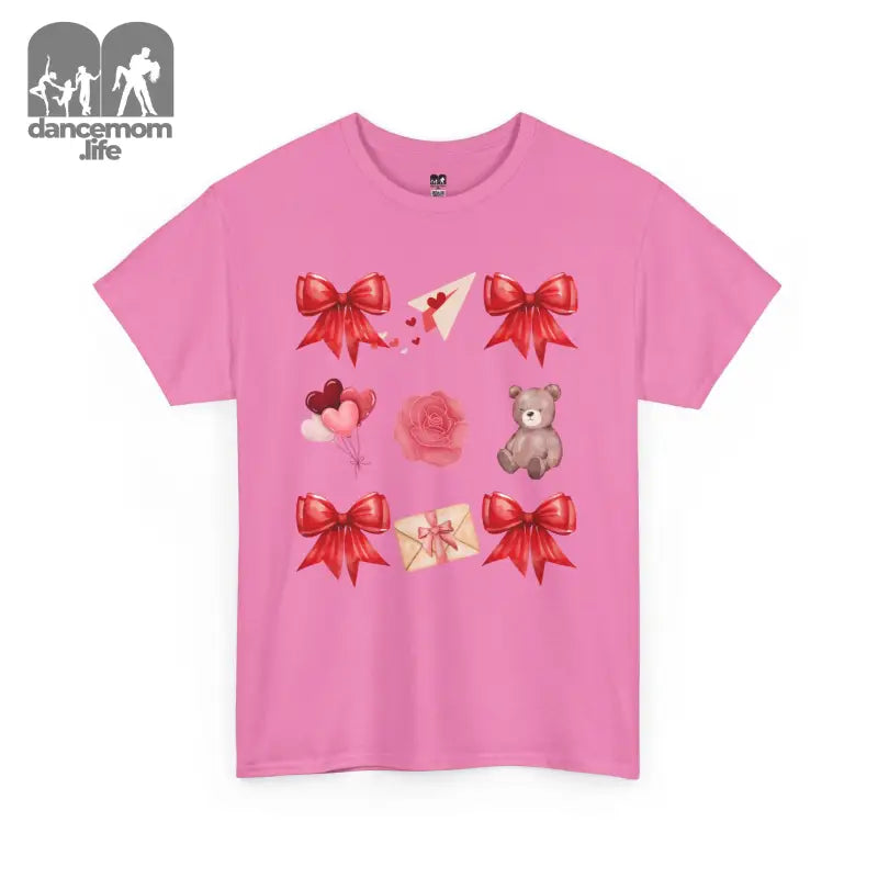 Pink t-shirt featuring red bows, hearts, roses, and teddy bear graphics.