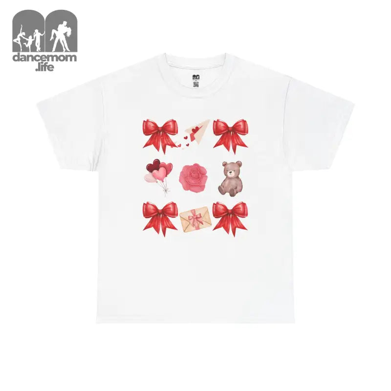 White t-shirt with red bows, pink flowers, and teddy bear design arranged in a grid pattern.