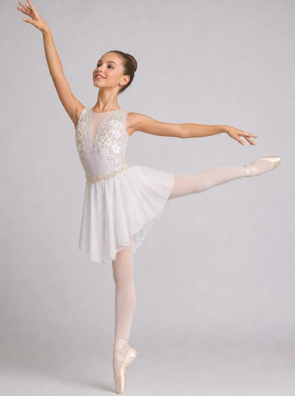 White Dance Costume | Pearl and Crystal Embellished Lyrical Dress | Girls Size 6 | Competition & Recital - "Pearl Whispers"