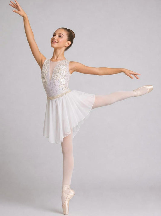 White Dance Costume | Pearl and Crystal Embellished Lyrical Dress | Girls Size 6 | Competition & Recital - "Pearl Whispers"