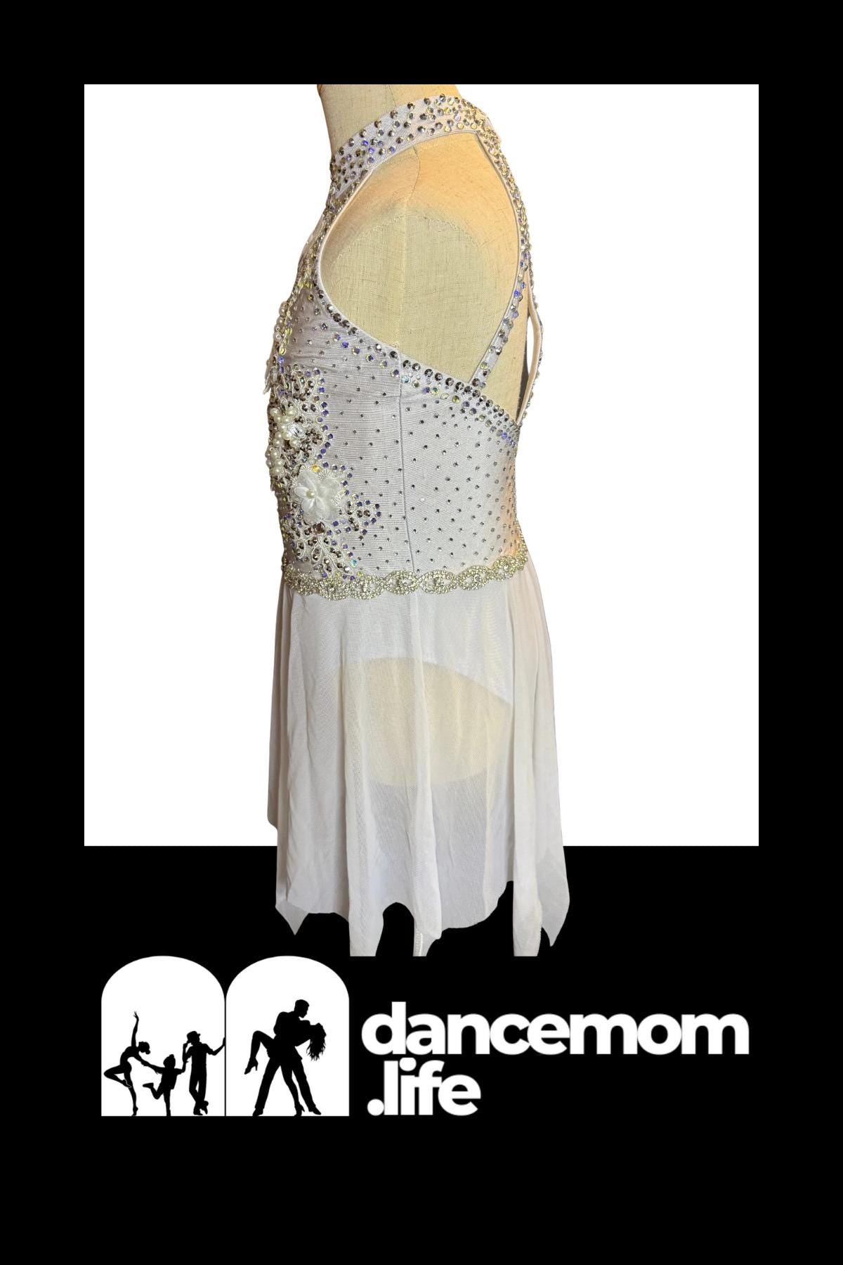 White Dance Costume | Pearl and Crystal Embellished Lyrical Dress | Girls Size 6 | Competition & Recital - "Pearl Whispers"