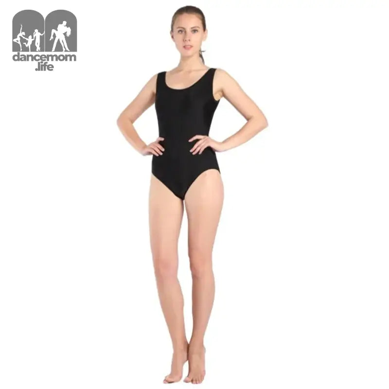 Classic black sleeveless leotard with a scoop neckline.