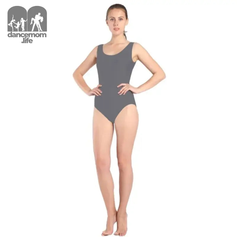 Gray sleeveless dance leotard.