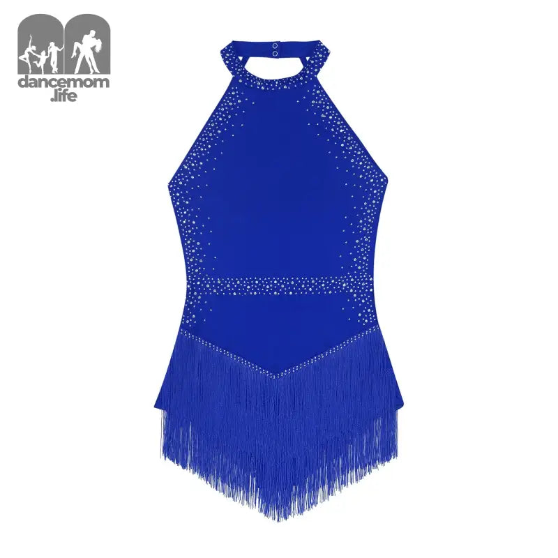 Royal blue halter-style dance leotard with fringe trim and rhinestone accents.