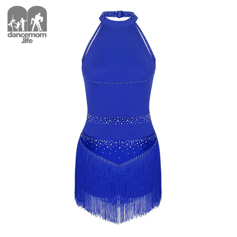 Royal blue dance costume with fringe and rhinestone details.