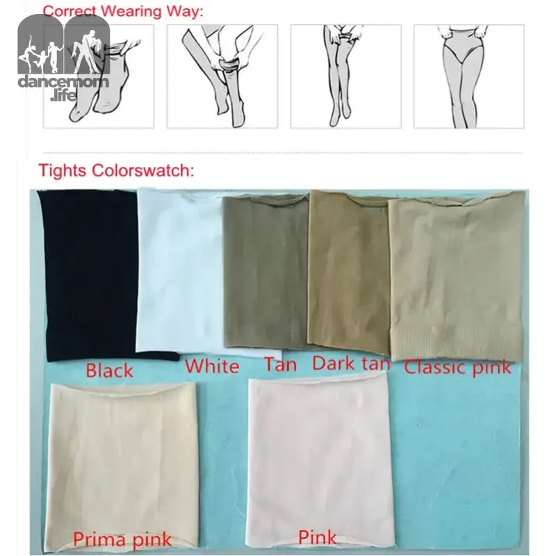 Instructional diagram showing proper tights wearing technique and color swatches including black, white, tan, and pink variations.