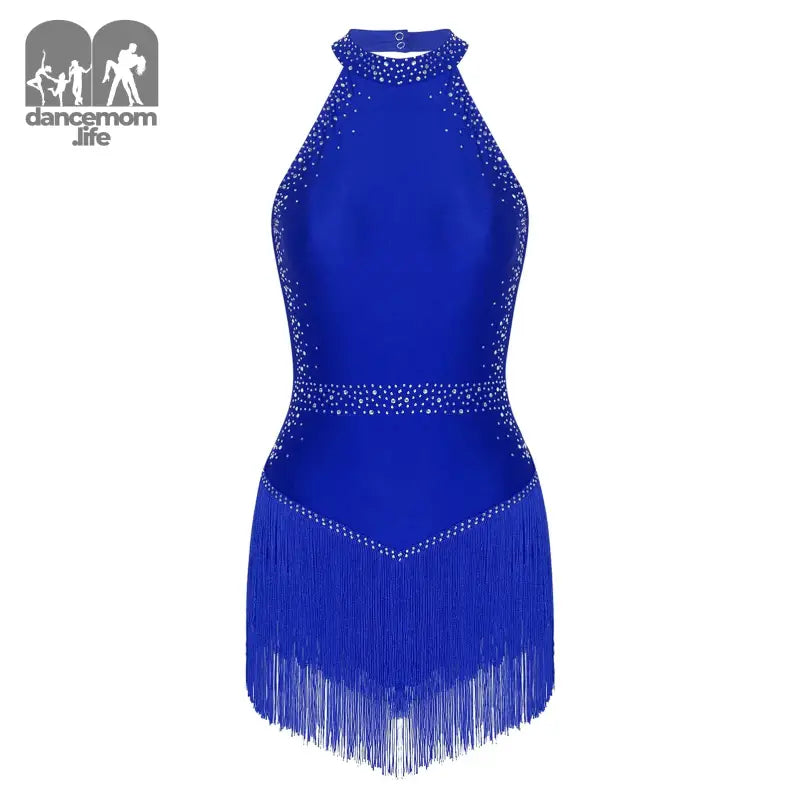 Royal blue halter-neck dance dress with fringe and rhinestone details.