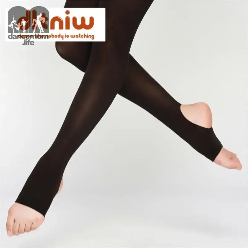 Black stirrup dance tights with open feet.