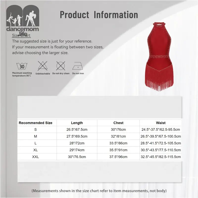 Red fringed dress with care instructions and size chart measurements.