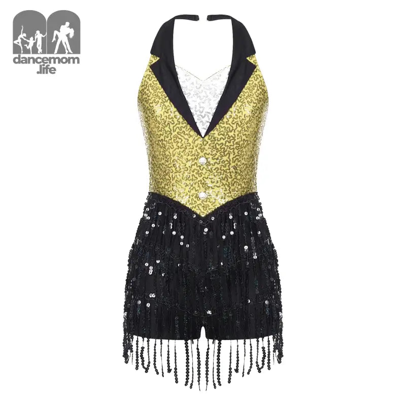 Gold and black sequined halter-style dance costume with fringe detailing.