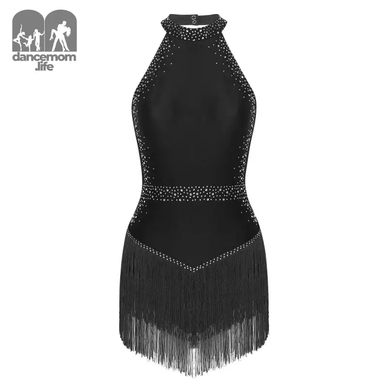 Black halter-neck dance dress with rhinestone trim and fringe detailing.