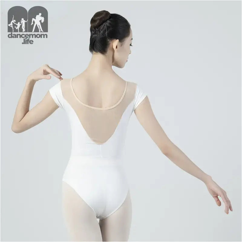 White ballet leotard with mesh back panel and cap sleeves.