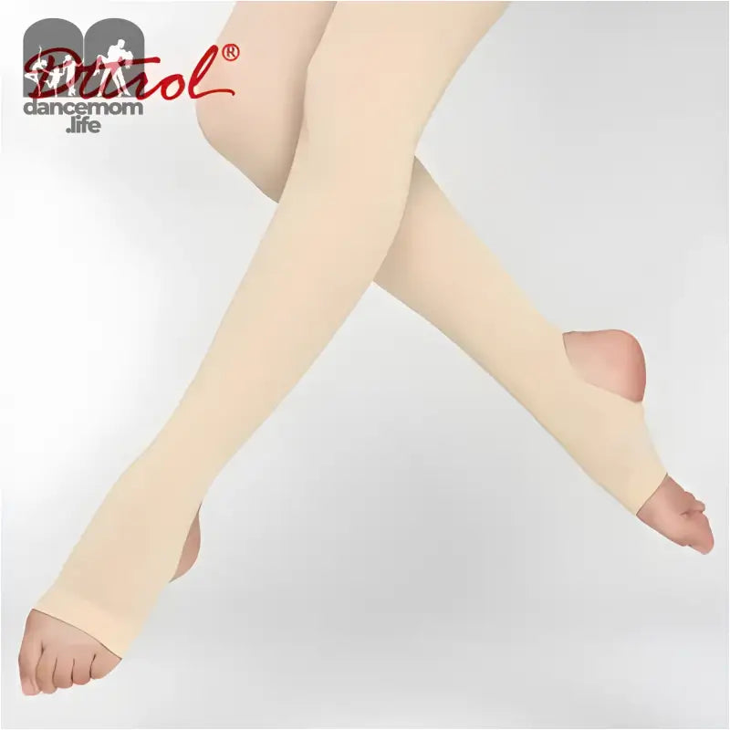 Beige compression stockings with open toes.