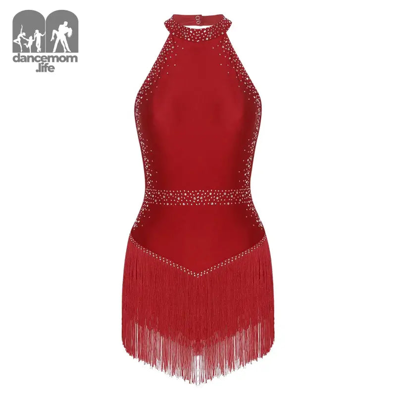 Red halter-neck dance dress with fringe and rhinestone details.