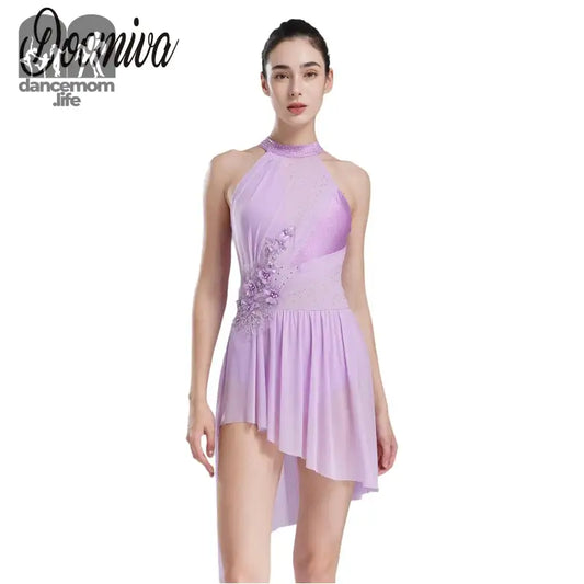 Lilac asymmetrical dance dress with mesh panels and ruched detailing.