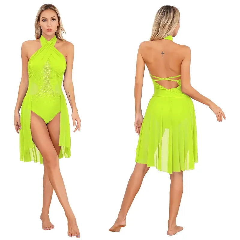 Neon yellow halter-neck dance dress with criss-cross back straps and asymmetrical fringe skirt.