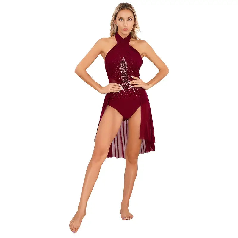 Burgundy halter-neck dance costume with rhinestone details and asymmetrical skirt overlay.