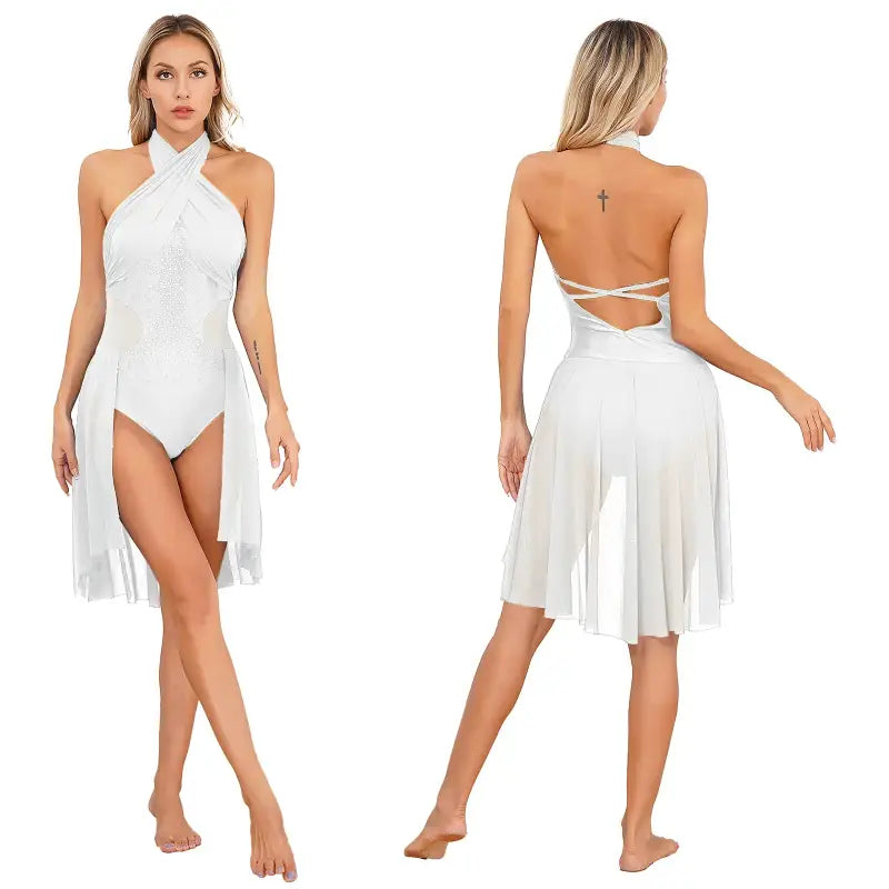 White halter-neck dance leotard with flowing attached skirt panels.
