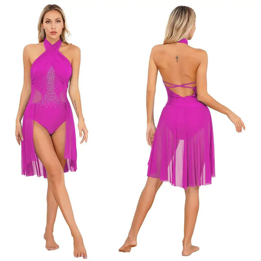Bright magenta dance costume with halter neckline, rhinestone details, and flowing fringe skirt.