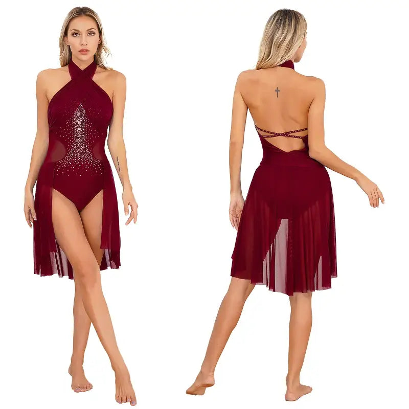 Burgundy halter-neck dance leotard with sheer mesh skirt overlay and rhinestone details.