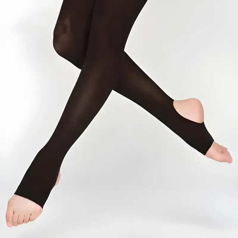Black stirrup tights with open heel and toe areas.