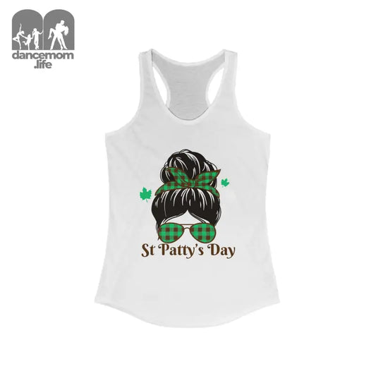 White racerback tank top featuring a St. Patrick’s Day design with messy bun hairstyle, green sunglasses, and shamrocks.