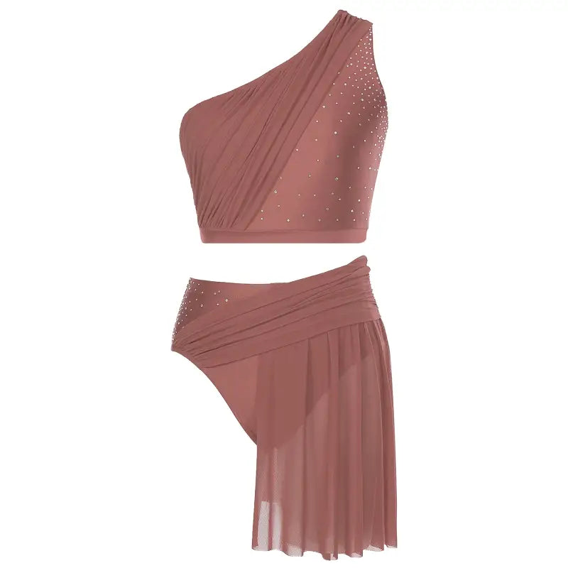 Dusty rose two-piece dance costume with rhinestone accents and asymmetrical design.