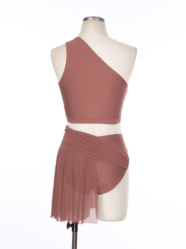 Mauve-colored dance costume with a one-shoulder crop top and asymmetrical skirt.