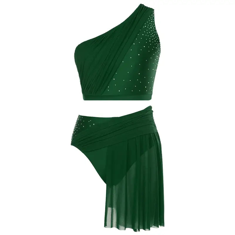 Emerald green two-piece dance costume with rhinestone accents and asymmetrical design.