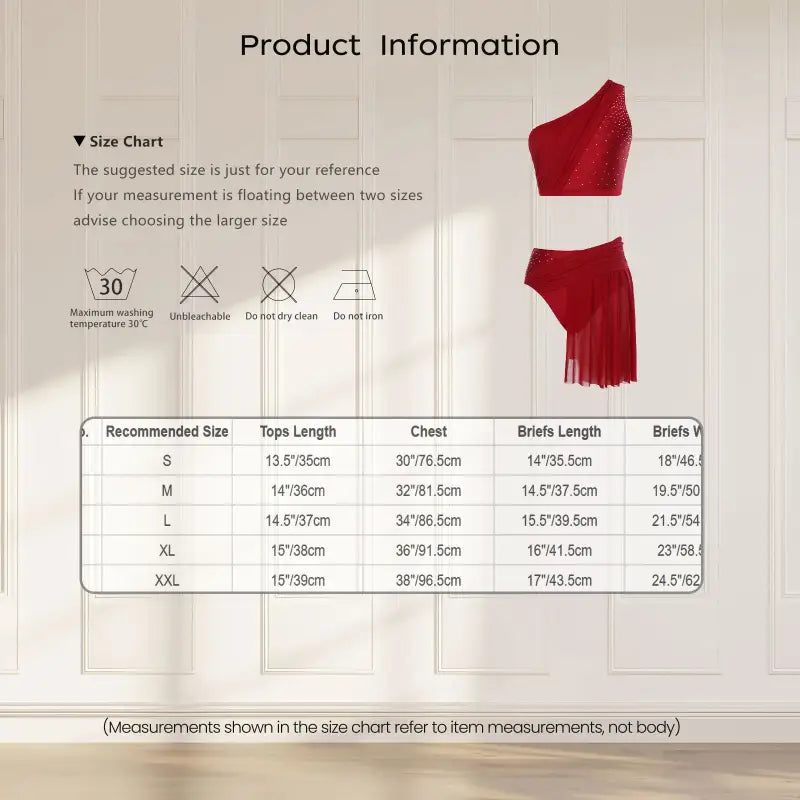 Size chart showing measurements for a red two-piece outfit.