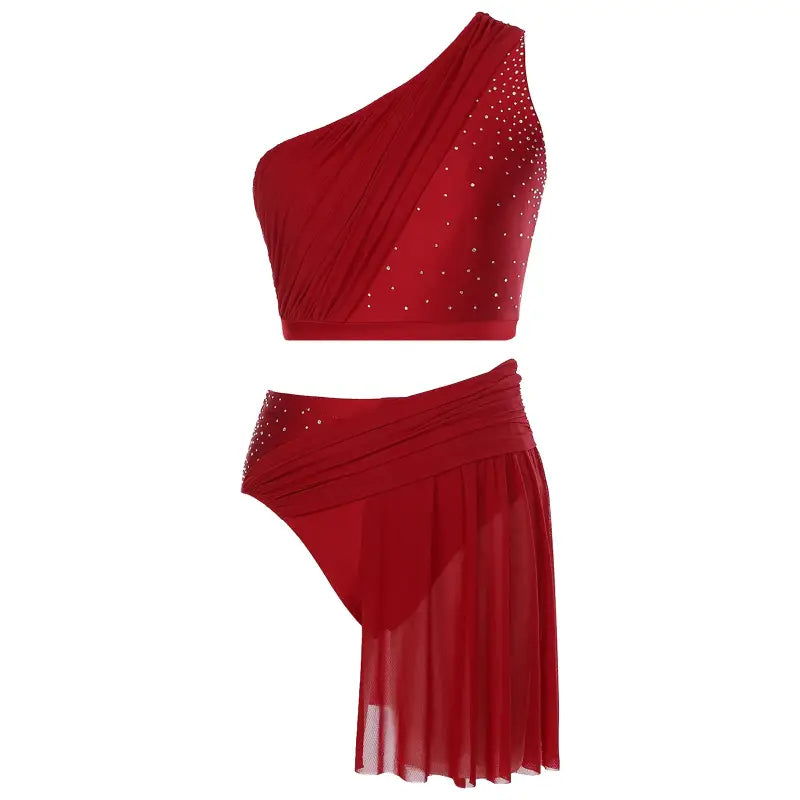 Red two-piece dance costume with rhinestone accents and asymmetrical design.