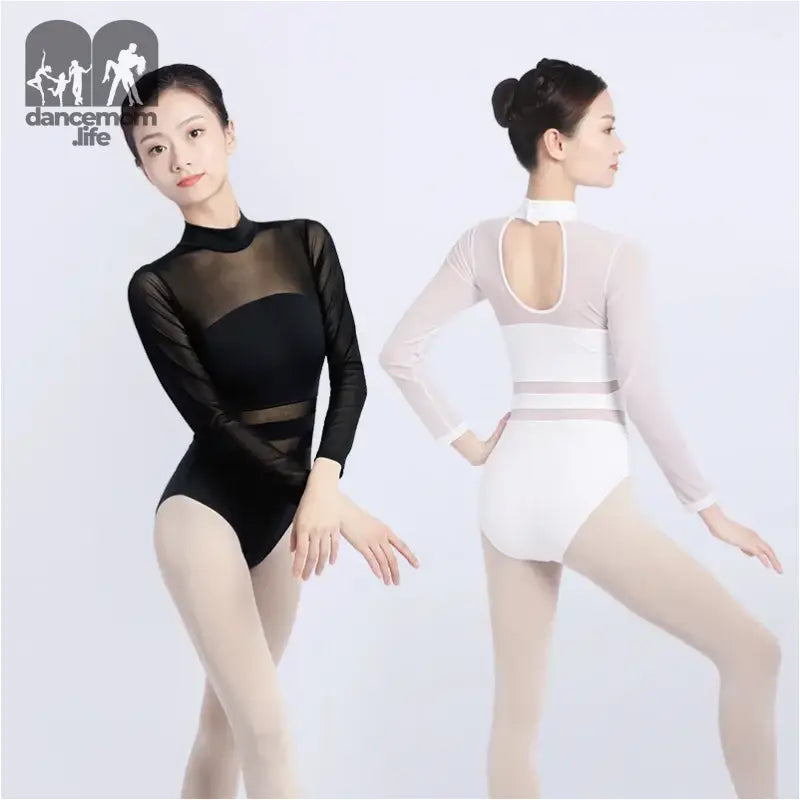 Two ballet dancers wearing contrasting black and white mesh-detailed leotards in dance poses.