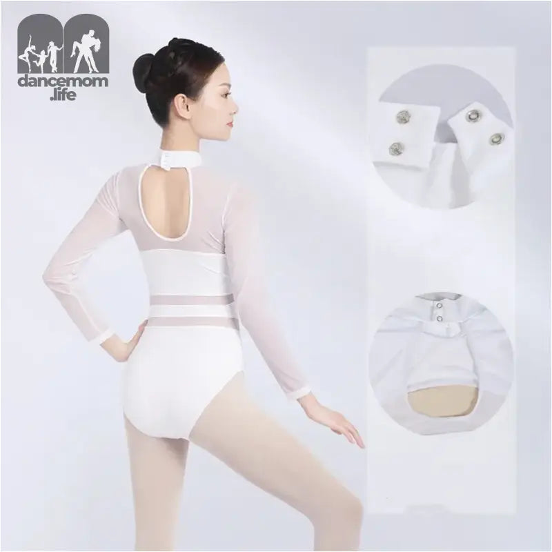 White long-sleeved dance leotard with mesh sleeves and keyhole back detail.