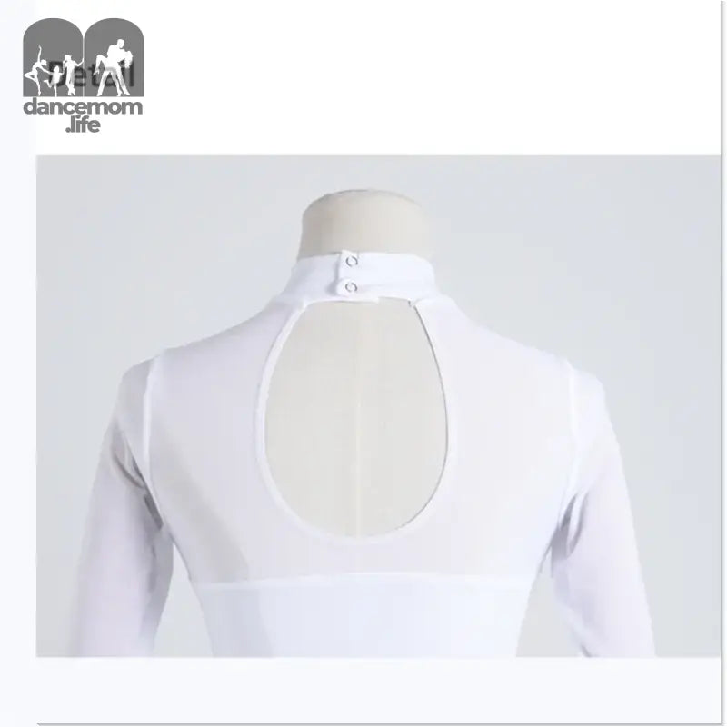 White long-sleeved top with a keyhole back cutout and collar.