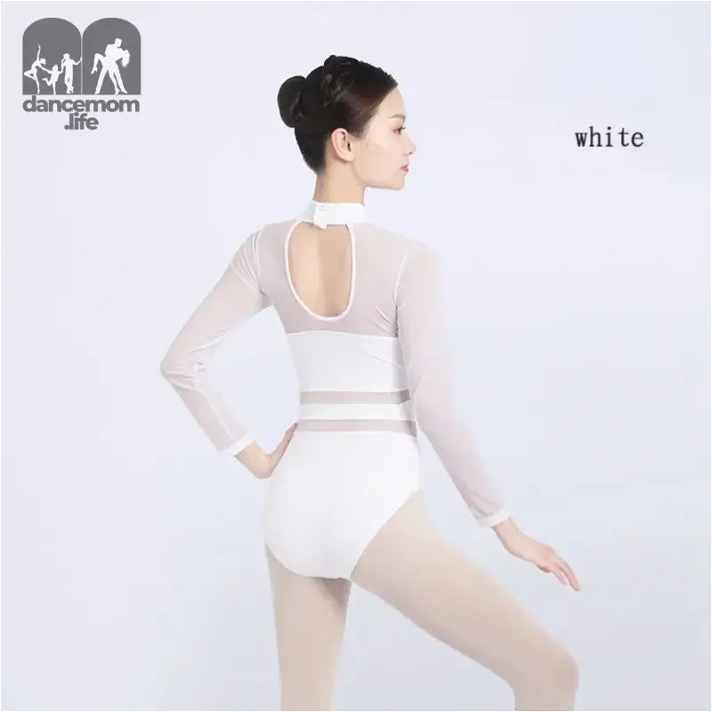 White mesh dance leotard with long sleeves and keyhole back detail.