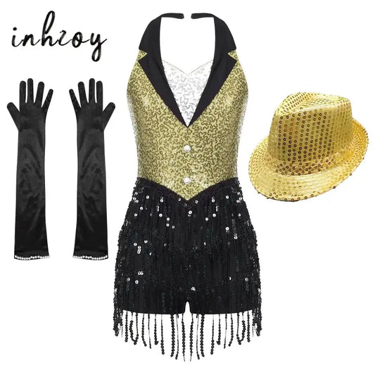 Gold and black sequined halter-style dance costume with fringe detailing, paired with long black gloves and a metallic fedora.