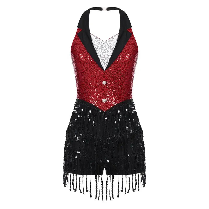 Sparkly red and black halter-style dance costume with fringe detailing and sequins.