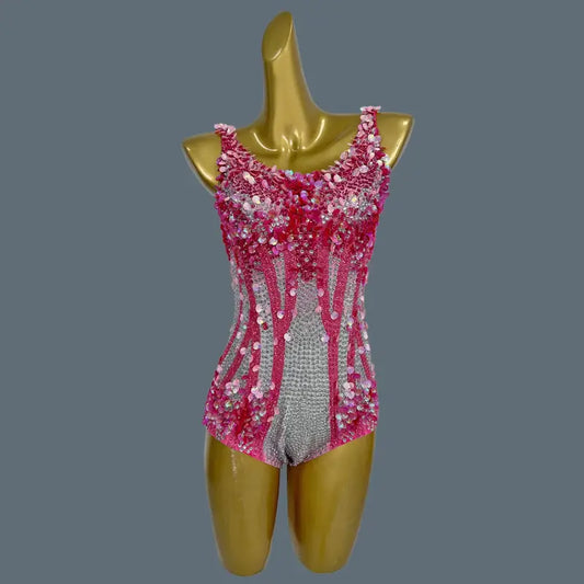 Pink and silver sequined bodysuit.