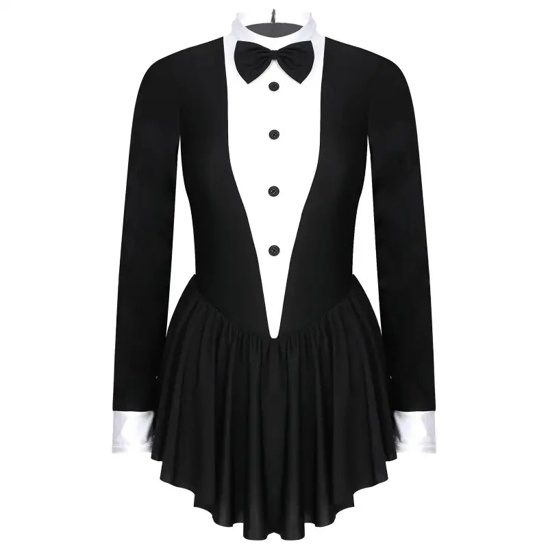 Black tuxedo-style dress with white collar, bow tie and tulle skirt.