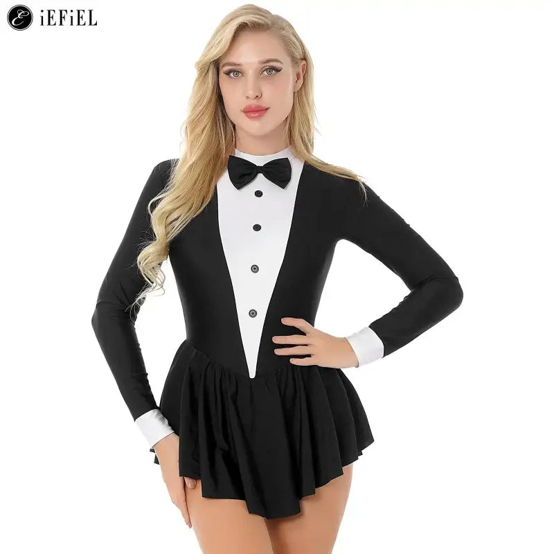 Black and white tuxedo-style dance leotard with bow tie and skirted bottom.