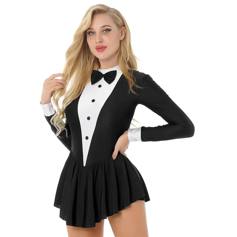 A black and white tuxedo-style leotard with a bow tie and pleated skirt.