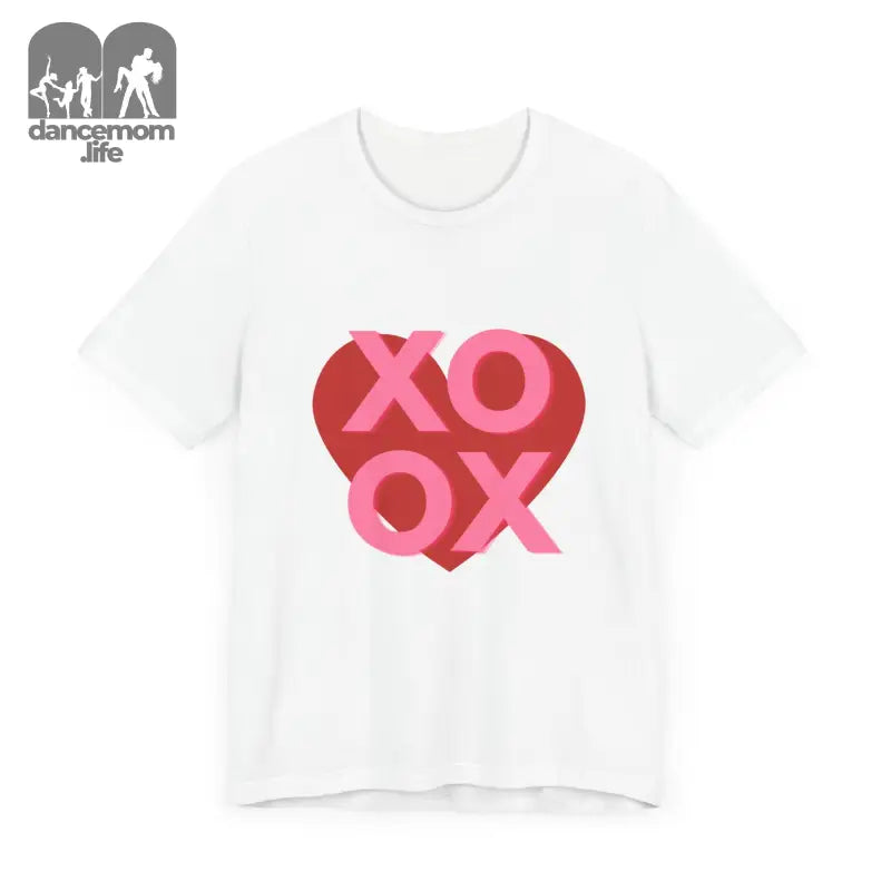 White t-shirt with ’XOXO’ text in pink and red heart design.