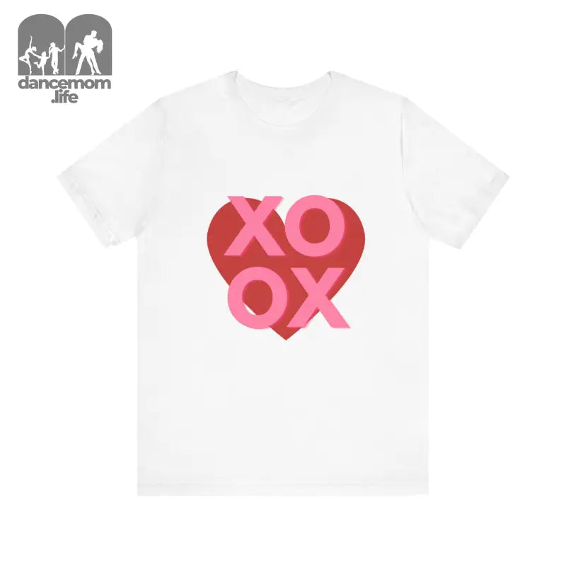 White t-shirt with ’XOXO’ text inside a red heart design.