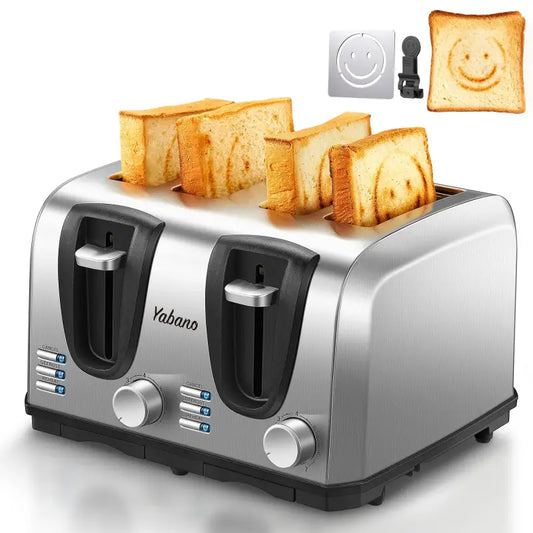 Silver four-slice toaster with smiley-face toast.