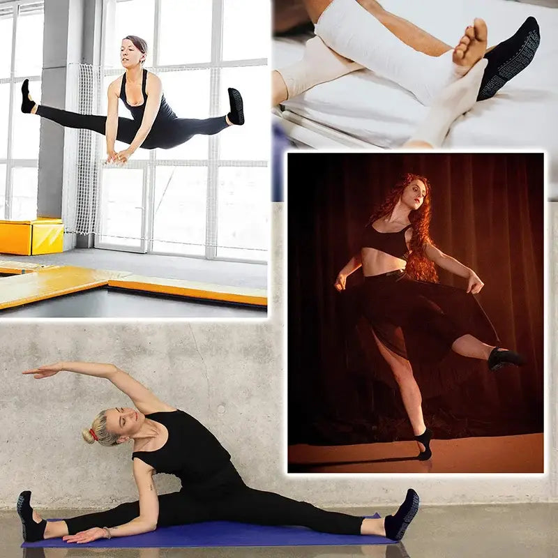 Collage of women in black socks.